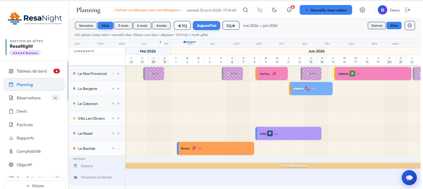 Aper&ccedil;u du planning ResaNight avec r&eacute;servations multi-g&icirc;tes