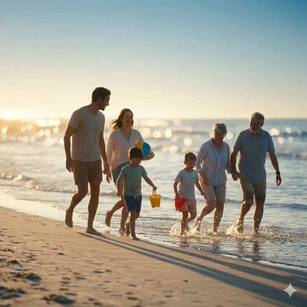 Famille en vacances au coucher du soleil sur la plage