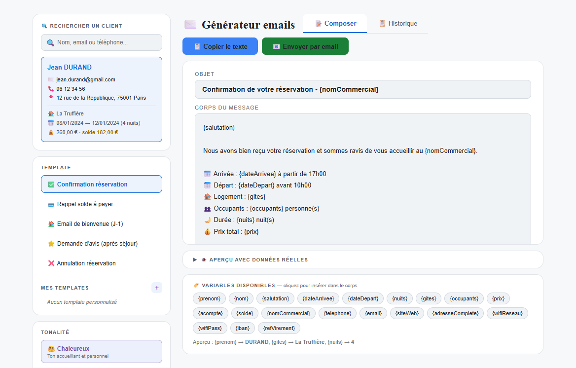 G&eacute;n&eacute;rateur emails automatis&eacute;s ResaNight