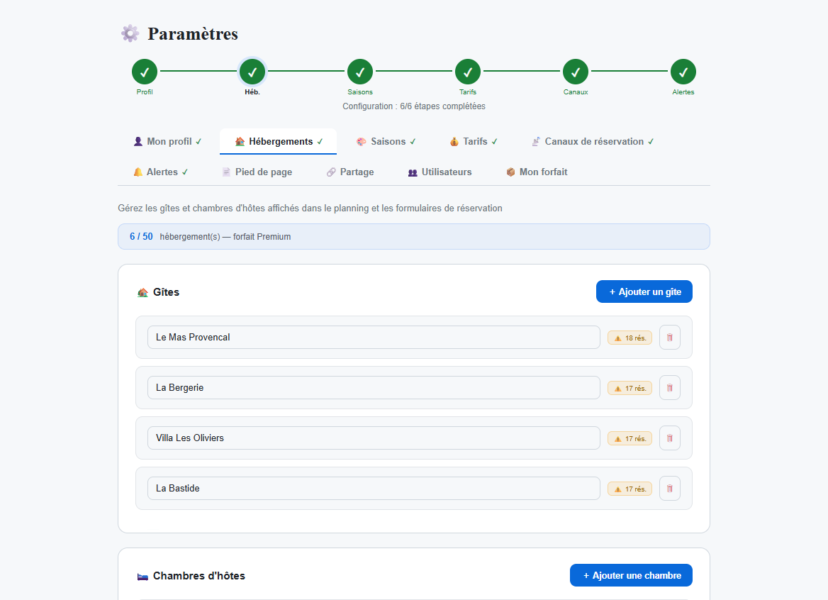 Param&egrave;tres h&eacute;bergements ResaNight