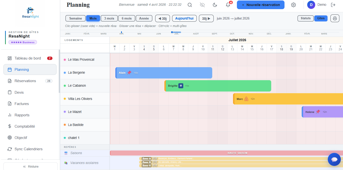 Planning visuel multi-g&icirc;tes ResaNight