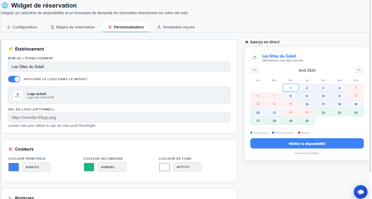 Widget de r&eacute;servation ResaNight — calendrier int&eacute;grable